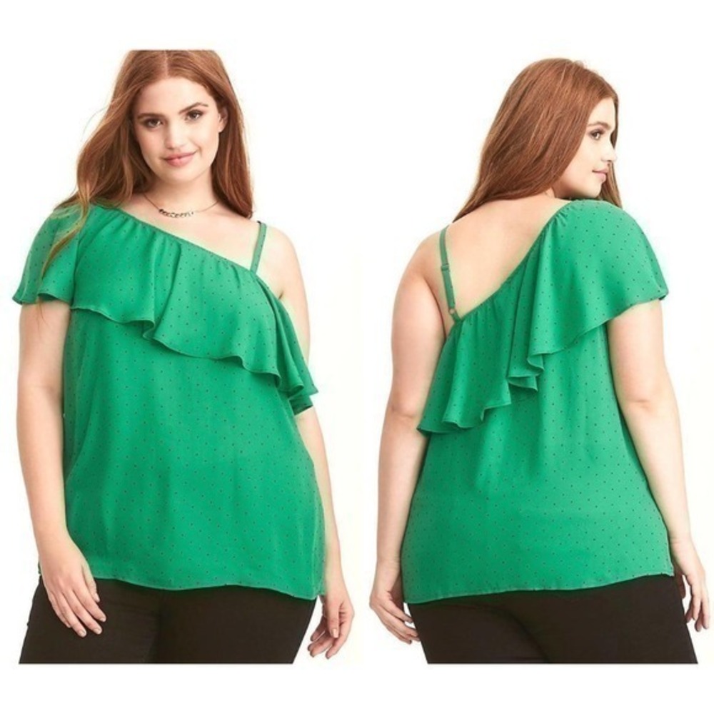 4X 26 Sexy Kelly Green Torrid Polka Dot One Shoulder Ruffle Georgette Shirt Top